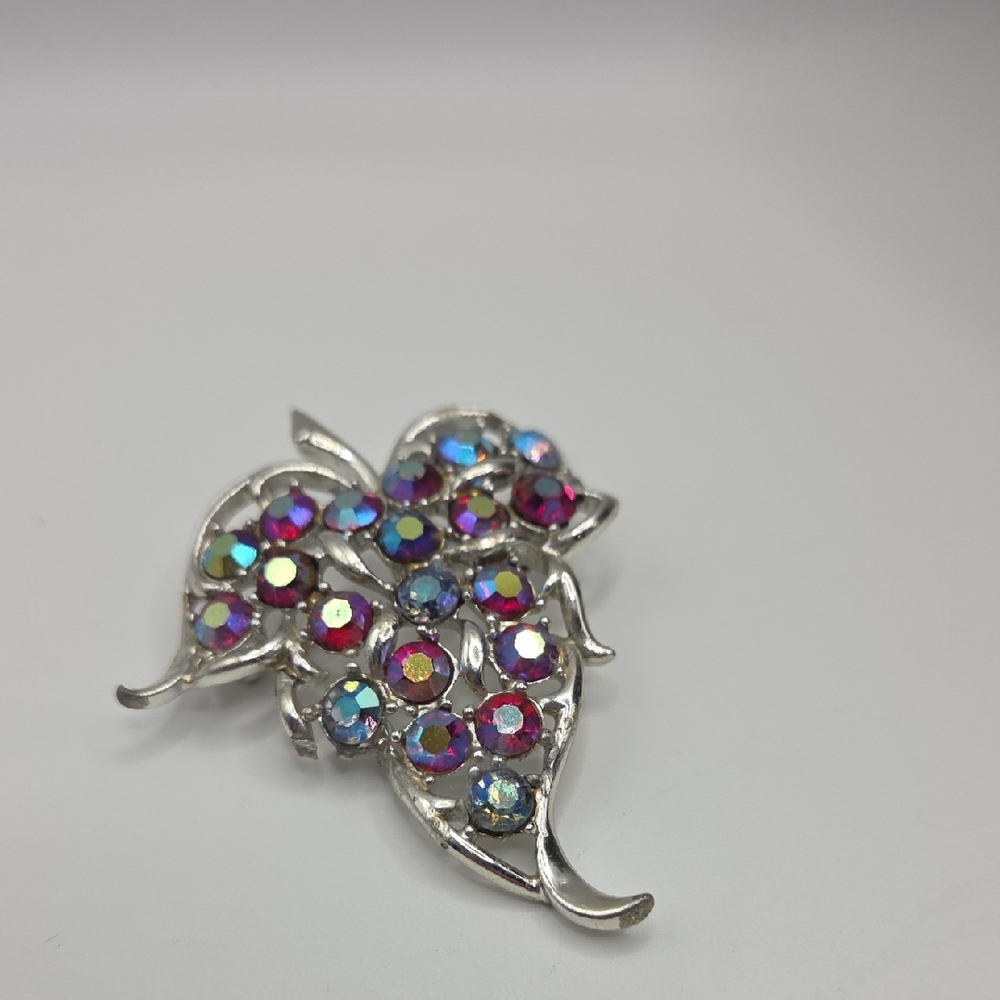 Sarah Coventry Silver Leaf Brooch with Colorful Gems